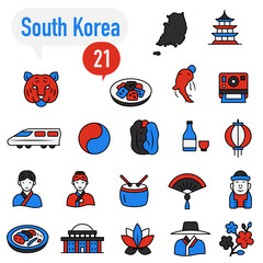 A set of flat colored icons dedicated to life in South Korea.