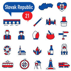 A set of flat colored icons with outlines dedicated to life in the Slovak Republic.