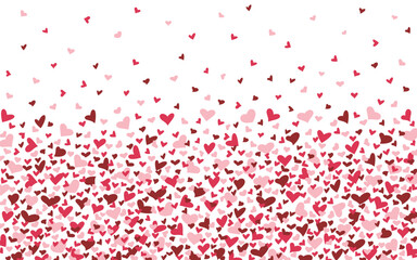 Romantic holiday background in red flying hearts on white for valentine's day, wedding, vector. Graphic template for postcards, posters, banners, labels. Colorful scattered greeting hearts