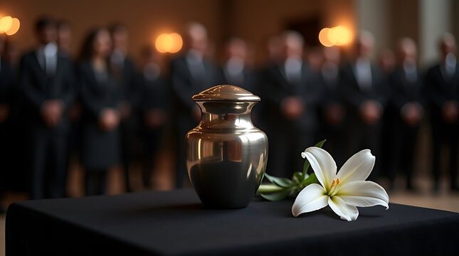Funeral service with cremation urn and lily flower memorial ceremony