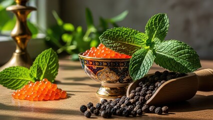 Luxurious red caviar and black peppercorns with fresh mint leaves on a rustic wooden surface