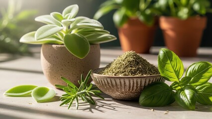 Freshly harvested herbs and spices arranged artfully with potted plants in warm sunlight