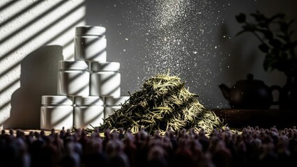 A dramatic still life featuring a pile of dried herbs and spices with stacked white jars and striped shadows