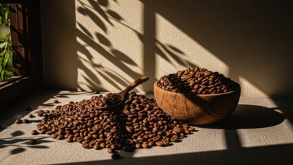 Warm sunlight streams across a rustic wooden surface illuminating a pile of roasted coffee beans spilling from a textured bowl