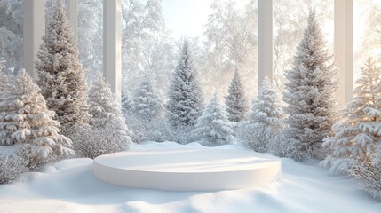 Fototapeta premium Christmas tree with white snowdrift,snowflakes,snow land,podium with bauble,Christmas theme stage podium mock up for product placement,Happy New Year. Celebrate party,Xmas Poster,web banner,festive.