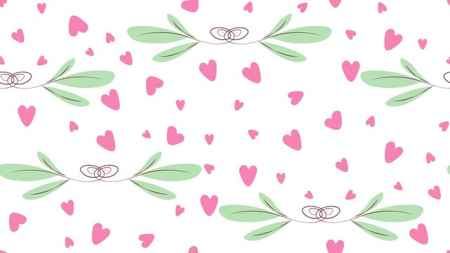 Seamless looping animated pattern of pink hearts and green leaf flourishes scrolling on a white background. Ideal for Valentine's Day, weddings, spring, or nature themes.