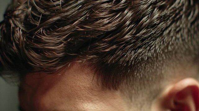 Close-up of a Man's Dark Brown Hair with a Textured, Messy Hairstyle and a Faded Haircut