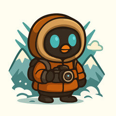 Winter Adventure Robot Explorer in Parka with Camera and Mountain Background