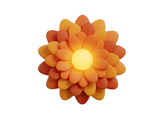 Abstract Geometric Flower with Vibrant Orange Petals and Glowing Yellow Center Isolated on Black Background 3D Render