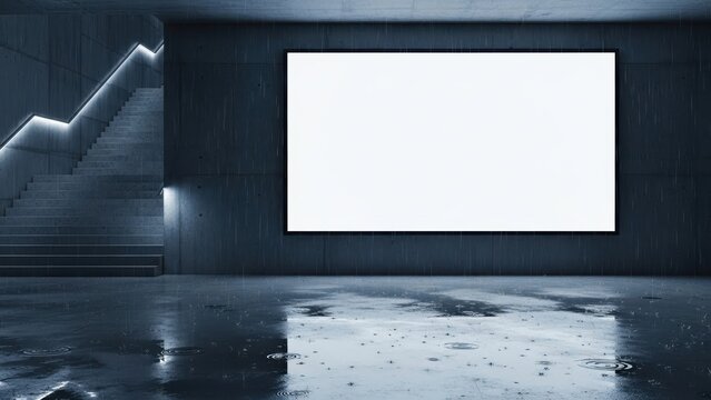 Modern interior with blank screen and staircase, wet floor reflecting light.
