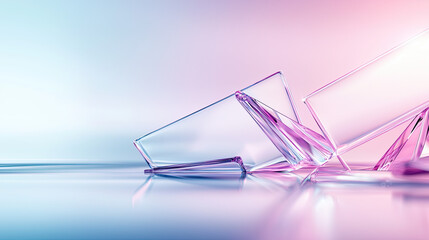 Abstract Geometric Shapes With Fractured Light Cascading In Soft Pink And Blue Hues Illuminated By Dramatic Sunlight Creating A Sense Of Depth And Sophistication