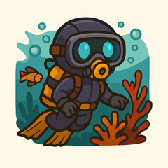 Cute Scuba Diving Robot Underwater with Coral Reef and Bubbles Illustration