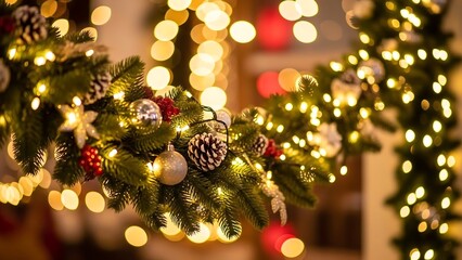 Festive Christmas Garland with Lights and Ornaments.