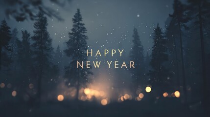 Magical winter forest at night with glowing campfire and falling snow wishing happy new year