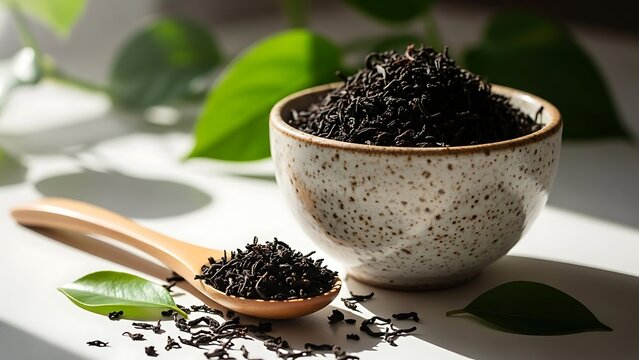 Black tea leaves in ceramic cup with wooden spoon and green leaves - Powered by Adobe