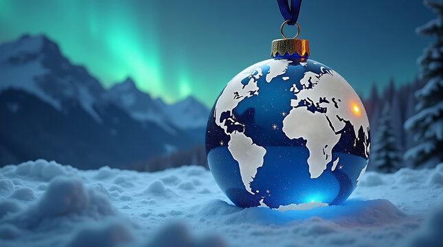 Global christmas ornament in winter landscape holiday season concept