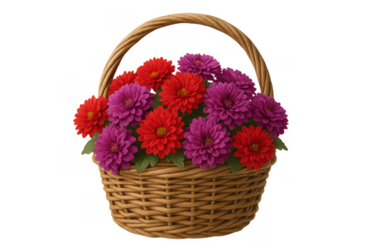 Wicker basket full of vibrant red and purple dahlia flowers, a beautiful floral gift arrangement