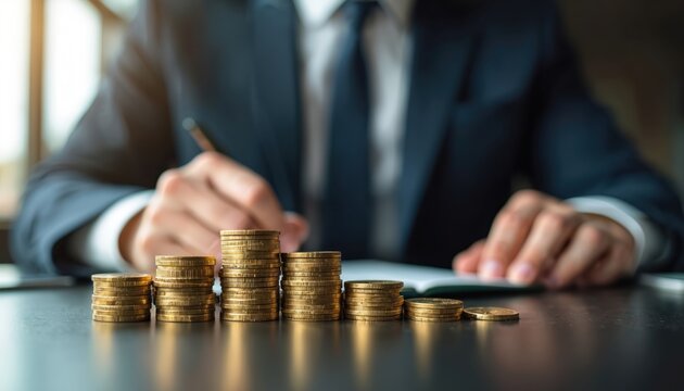 Businessman works at desk with stacks of gold coins. Man in suit calculates finance, plans budget. Pro manages money, studies investment growth, savings for future wealth, economic stability.