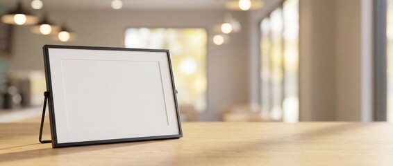 Blank tabletop sign mockup on a wooden counter with a blurred background