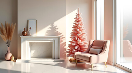 Pink christmas tree and chair in modern living room interior design