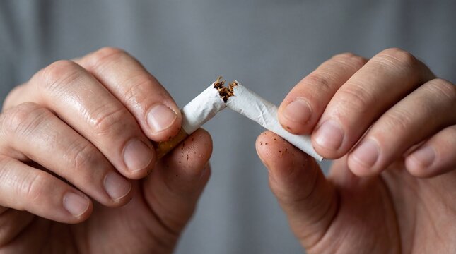 A person's hands breaking a cigarette to quit smoking