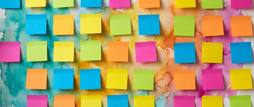 A vibrant wall of colorful blank sticky notes for creative ideas and organization