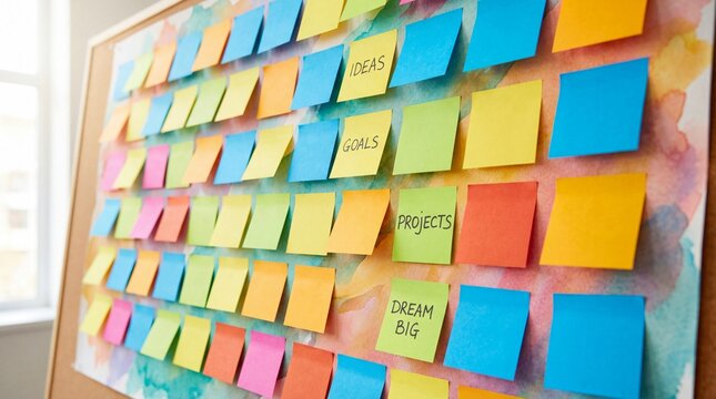 A vibrant board of colorful sticky notes for brainstorming and project planning
