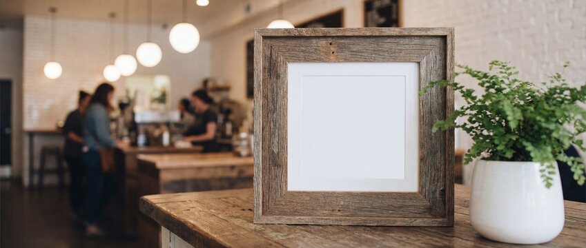 Blank rustic wooden frame mockup on a coffee shop counter with a plant