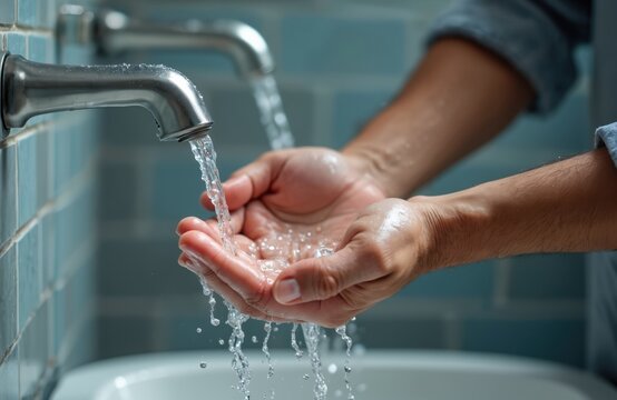 Man washes hands under running tap water in sink. Muslim person performs islamic wudu ritual. Ablution religious purification for prayer, hygiene. Closeup shows water splashing over cupped palms.