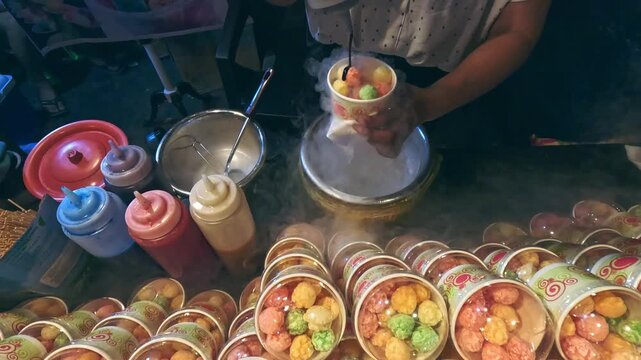 Vendor preparing and adding syrup toppings to colorful Dragon's Breath which is a frozen dessert made from cereal dipped in liquid nitrogen, at a street food stall. Dumaguete, Philippines