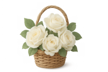 White roses bouquet in wicker basket on transparent background, symbolizing love, purity, and celebration