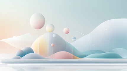Abstract landscape with pastel geometric shapes and soft spherical forms in a serene minimalist composition featuring gentle color gradients and a clean aesthetic.