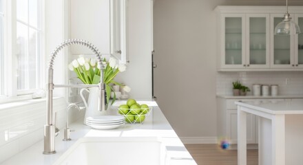 Fototapeta premium Wide-frame counter scene with airy kitchen diffusion white