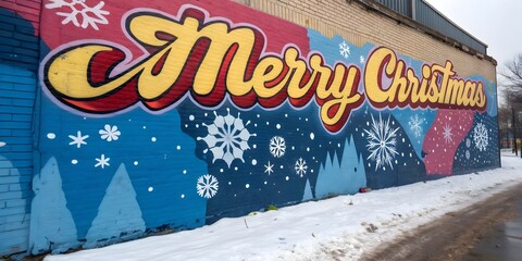 Colorful Merry Christmas graffiti mural on snowy wall, festive street artwork
