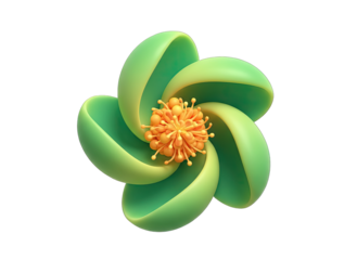 Abstract Green Flower With Orange Center Isolated on Black Background Smooth Petals Curving Inward Detailed Stamens Smooth Texture Soft Lighting