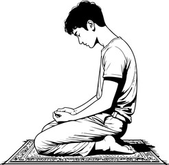 Young Man Praying on Prayer Mat Side View Minimal Monochrome Illustration