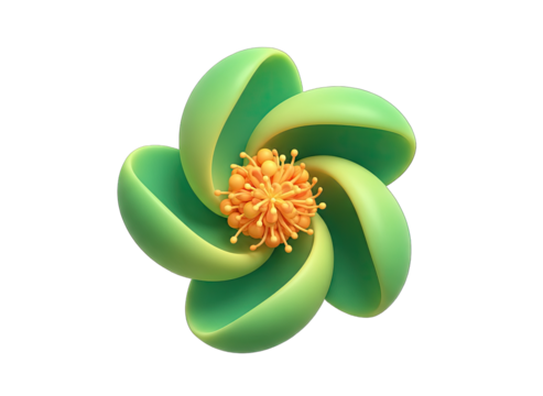 Abstract Green Flower With Orange Center Isolated on Black Background Smooth Petals Curving Inward Detailed Stamens Smooth Texture Soft Lighting