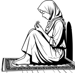 Muslim Woman Praying Sitting on Prayer Mat Wearing Hijab Monochrome Illustration