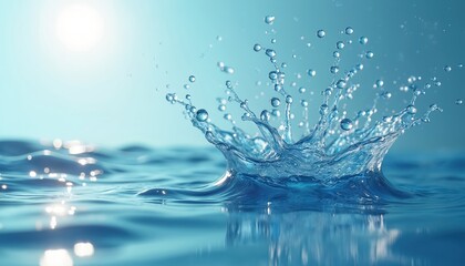 Clear blue water splash captured mid-air with tiny droplets flying outwards. Gentle waves reflect sunlight on liquid surface. Refreshing, dynamic aqua motion.