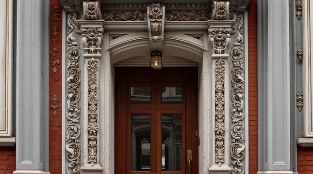 Historic townhouse facade with ornate architectural details, carved stone elements, tall windows, decorative cornices, and elegant symmetry, captured in soft, natural light.