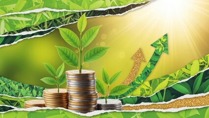 Green plant sprout growing from coins. Financial growth and investment concept. Sustainable business development for earth day.