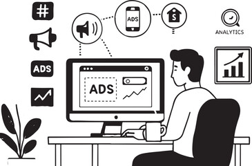 Black and White Digital Marketing Illustration with Ads and Analytics Icons