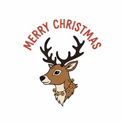 Festive cartoon reindeer with jingle bells and Merry Christmas text. A cute holiday animal illustration for seasonal greetings and winter celebrations