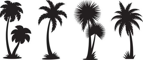 Fototapeta premium Four Silhouettes of Palm Trees on a White Background Keywords: palm tree, silhouette, tropical, tree