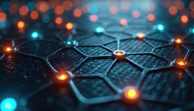 Futuristic tech background shows interconnected hexagon grid. Blue, orange glowing lights represent data network. Advanced carbon fiber structure forms digital circuit system. Smart tech connections