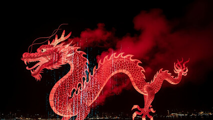 A vibrant red chinese dragon illuminated against a dark sky with red smoke and city lights below