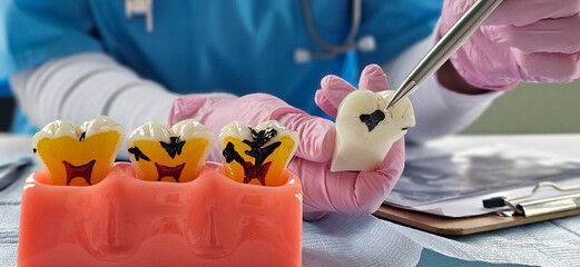 Demonstration of dental restoration techniques in a clinical setting with dental models concept