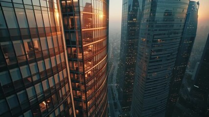 Modern skyscrapers with reflections of the sunset, showcasing urban architectural development and city skylines - Powered by Adobe