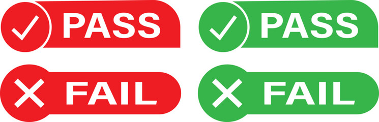 Prpass fail icon set, Passed and Failed Status Buttons, Green check mark and red cross icons symbol, Approve and reject web interface element vector illustration,
int