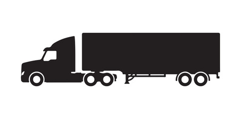Icon of a truck tractor with a semi-trailer. It's a black silhouette seen from the side. A simple flat graphic illustration in vector format. This is an isolated object on a white background. Isolate
